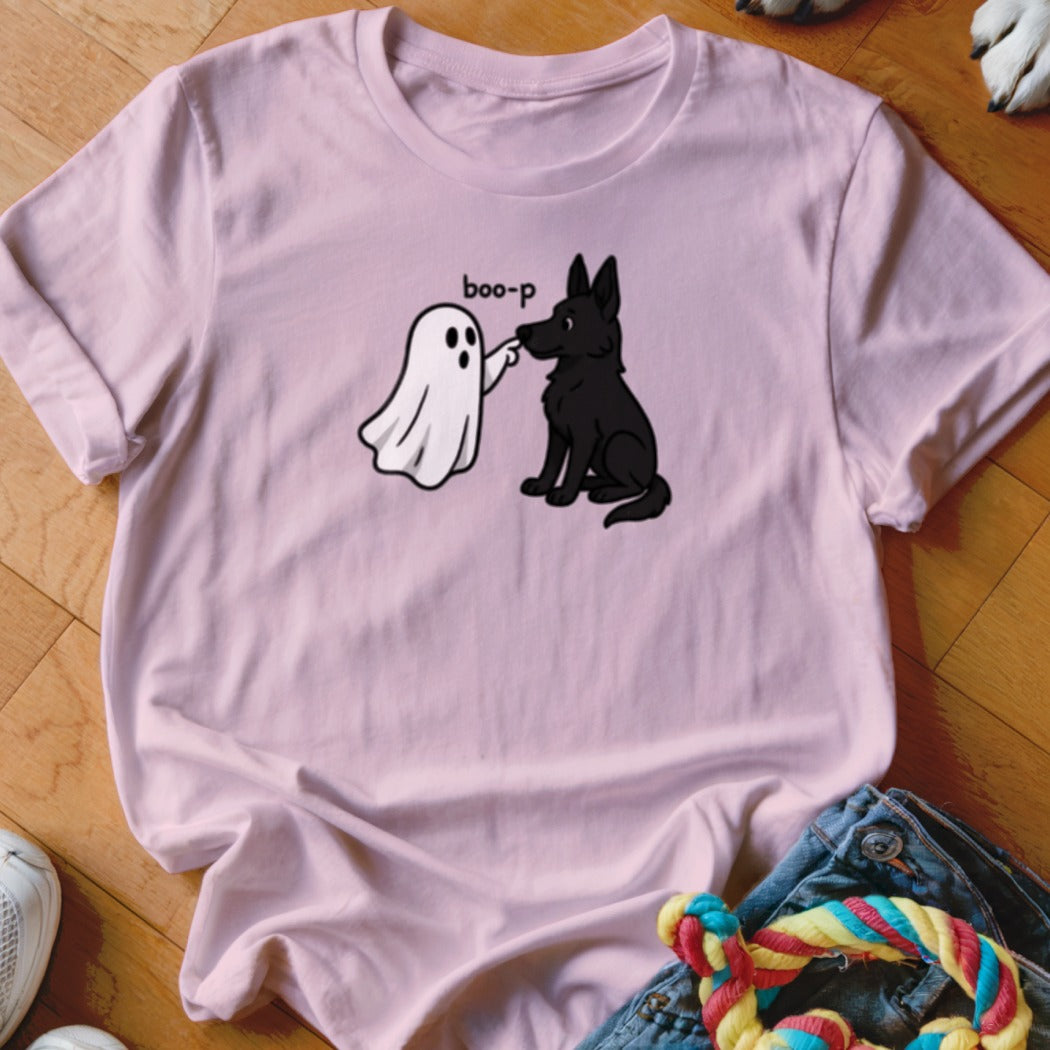 Ghost booping a black dog with "boo-p" text on a pink t-shirt.
