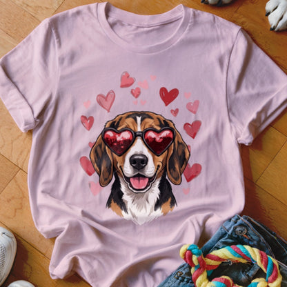Light pink t-shirt featuring a beagle wearing heart-shaped sunglasses, surrounded by floating pink hearts.
