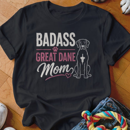 Black t-shirt with "Badass Great Dane Mom" text and a Great Dane graphic.