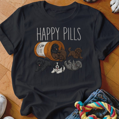 Black t-shirt with "Happy Pills" text and puppies spilling from a pill bottle.