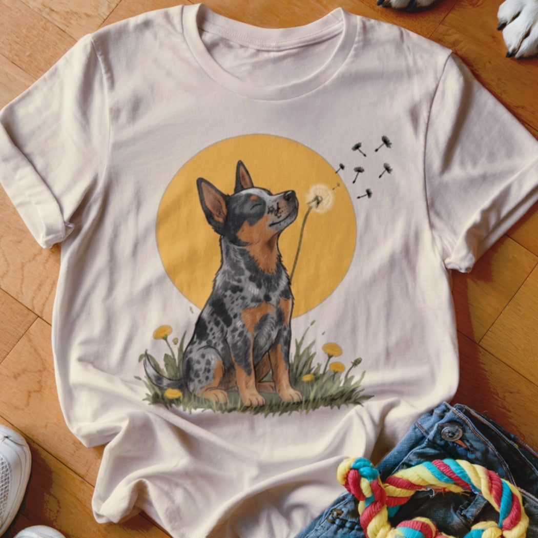 Light cream t-shirt featuring an illustration of a Blue Heeler dog blowing dandelion seeds against a yellow sun.