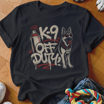 Black t-shirt with a German Shepherd wearing sunglasses and "K-9 OFF DUTY" text.