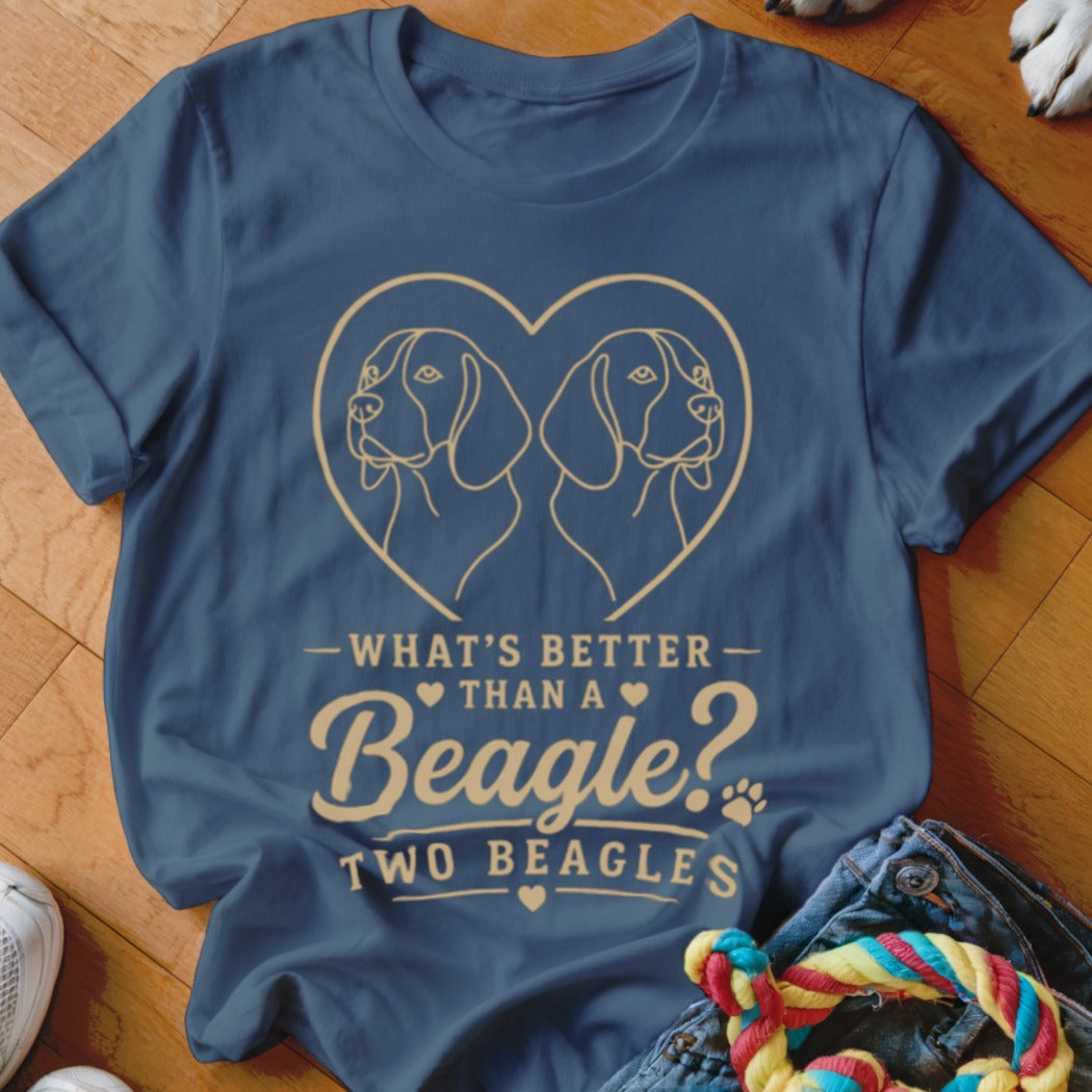Blue t-shirt with heart and two beagle outlines, reads "What's better than a Beagle? Two Beagles".