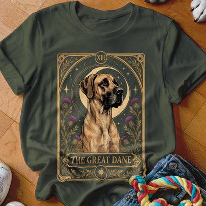 Dark green t-shirt featuring a tarot card graphic with a Great Dane and the text The Great Dane.