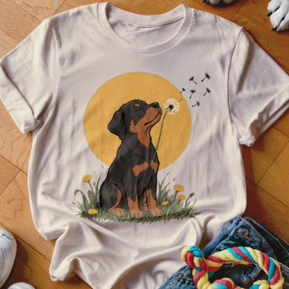 Cream t-shirt featuring a graphic of a Rottweiler puppy blowing dandelion seeds against a yellow sun background.