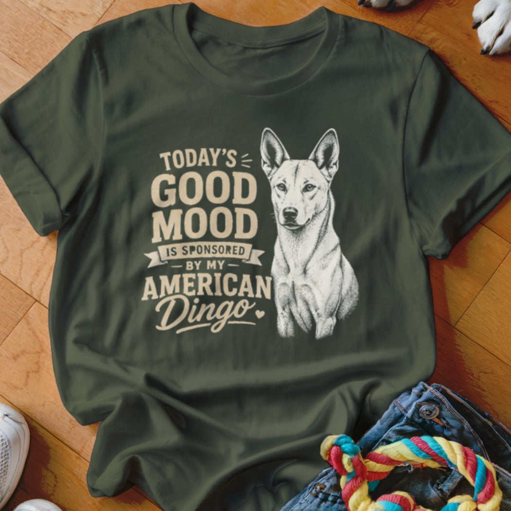 T-shirt with "Today's Good Mood Is Sponsored By My American Dingo" text and dog illustration.