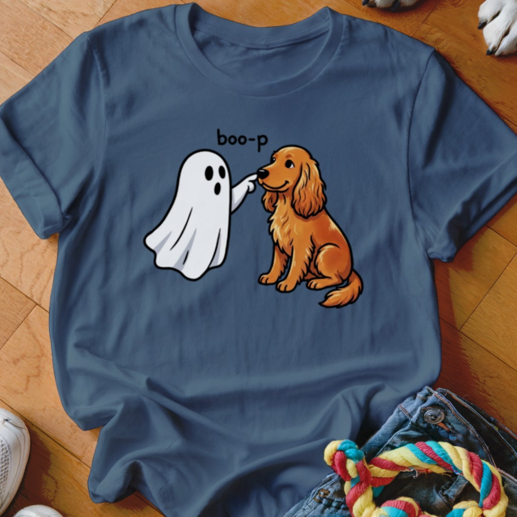 Ghost poking a golden retriever dog with "boo-p" text