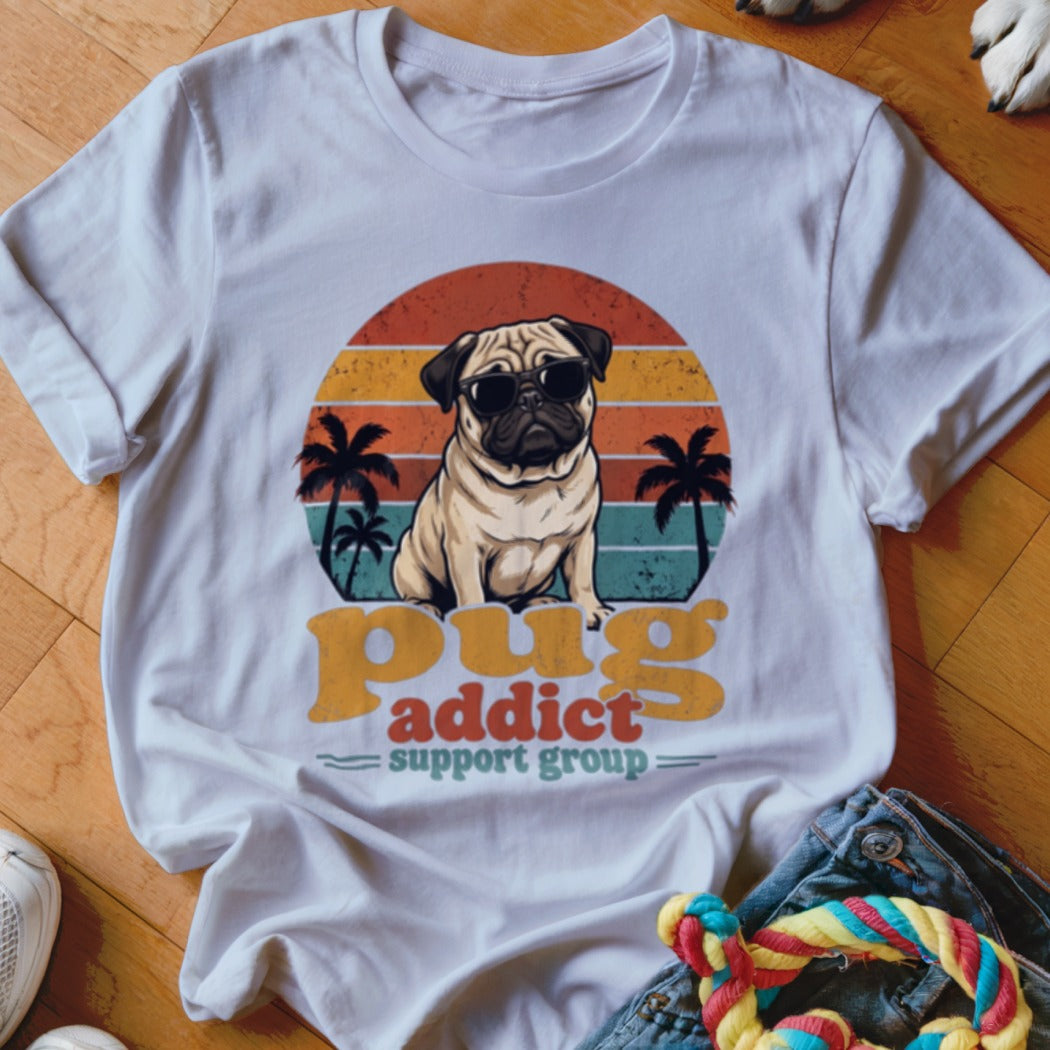 A white t-shirt featuring a retro graphic of a pug wearing sunglasses before a sunset and palm trees, with the text pug addict support group.