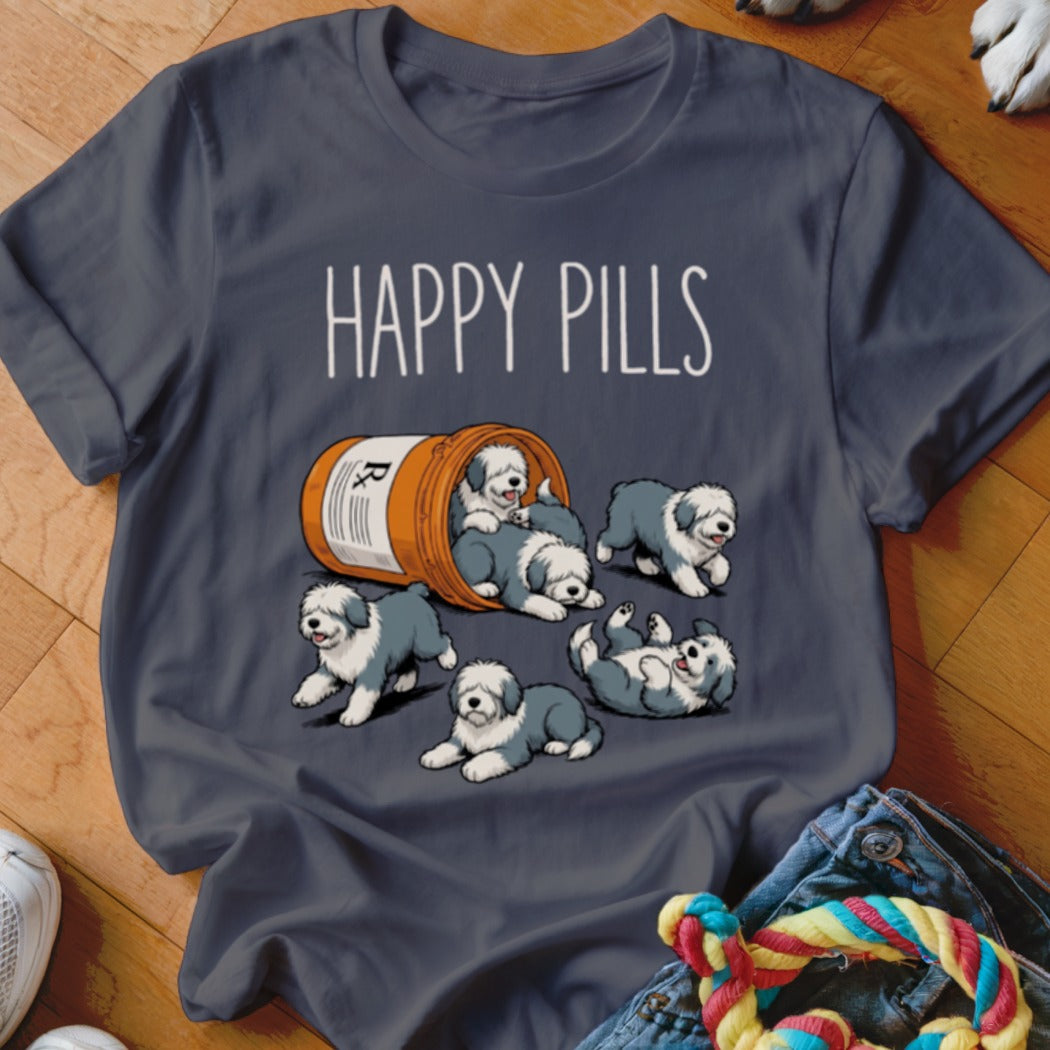 Dark gray t-shirt with "Happy Pills" text and cartoon Old English Sheepdogs spilling from a bottle.