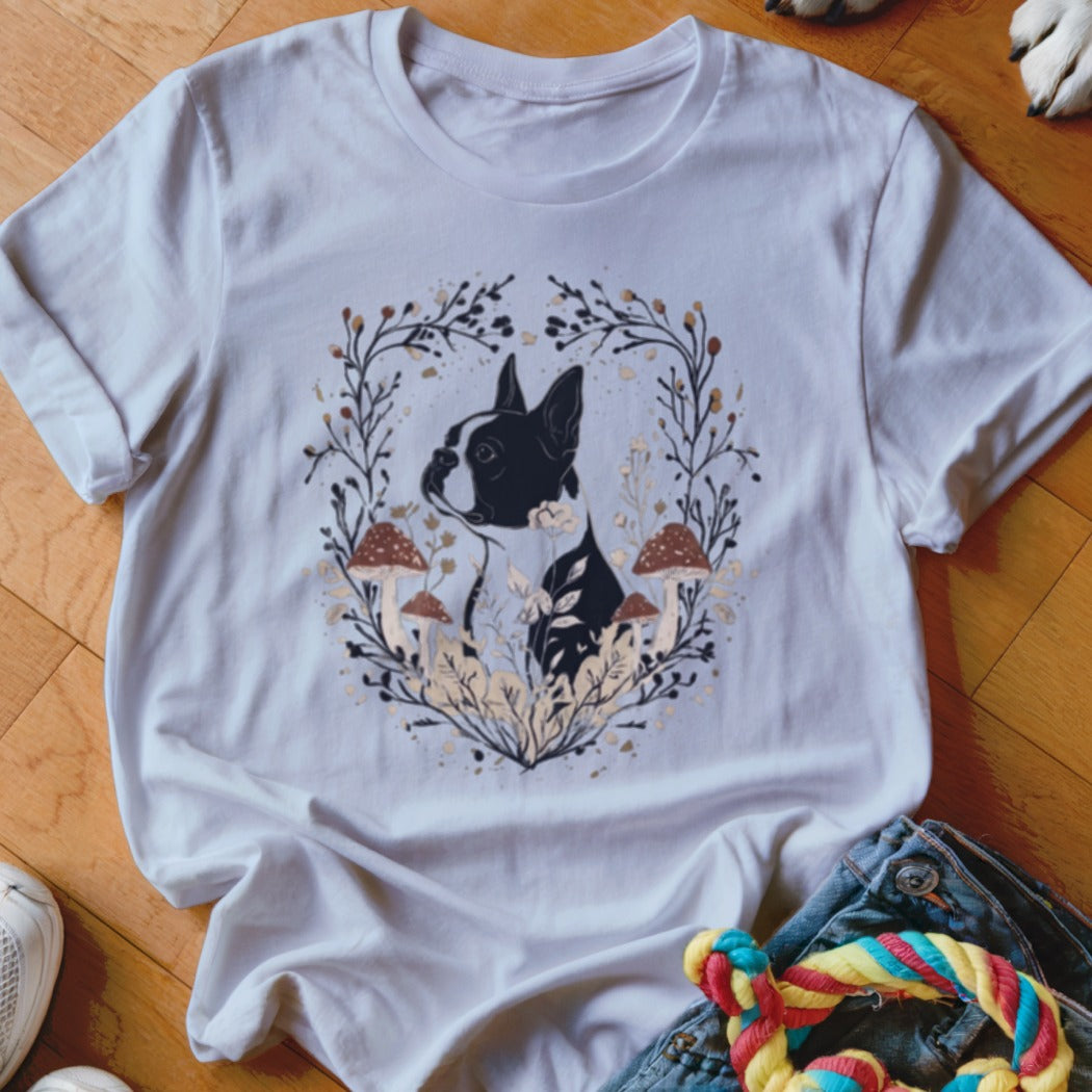 White t-shirt featuring a botanical illustration of a Boston Terrier surrounded by mushrooms and leaves.