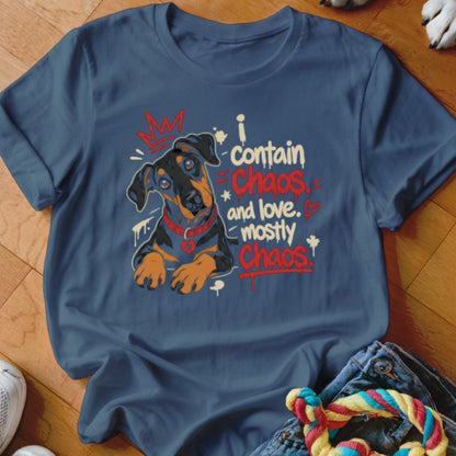 T-shirt with a Rottweiler puppy graphic and text "I contain chaos and love, mostly chaos."