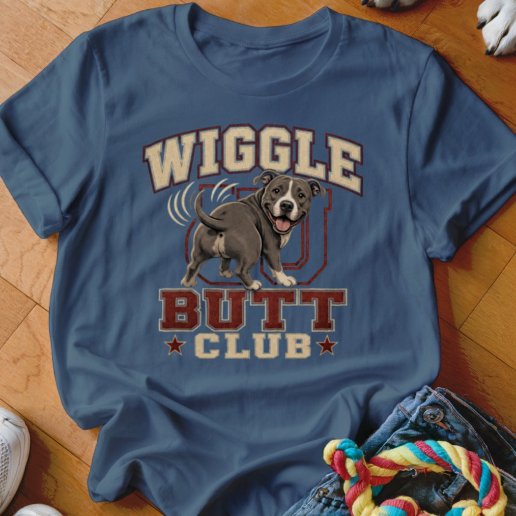 Blue t-shirt with graphic of a pit bull dog and text reading "Wiggle Butt Club".