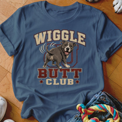 Blue t-shirt with graphic of a pit bull dog and text reading "Wiggle Butt Club".