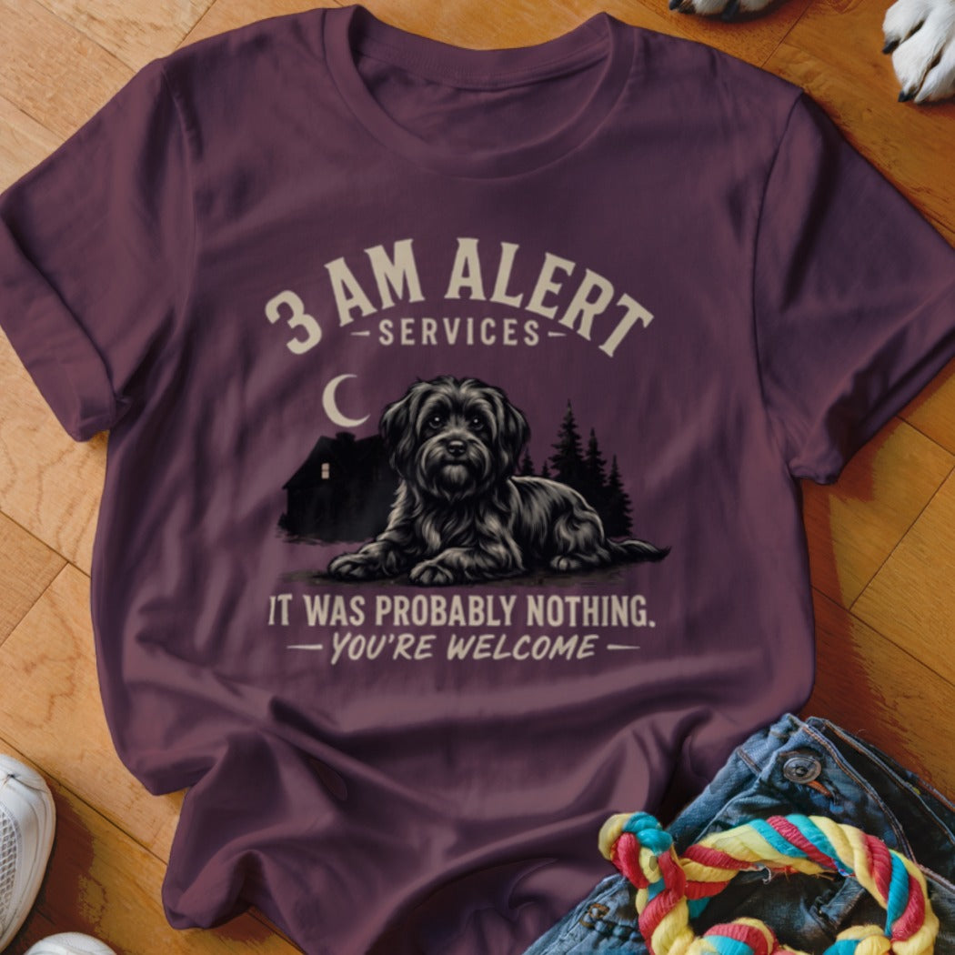 Maroon t-shirt graphic with a black dog, house, trees, and text "3 AM ALERT SERVICES".