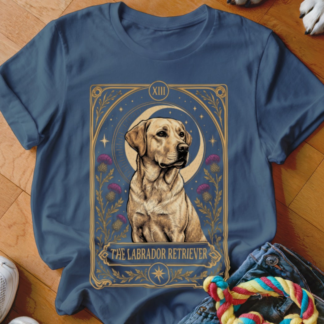 Blue t-shirt featuring a tarot card graphic of a Labrador Retriever with the text "The Labrador Retriever".
