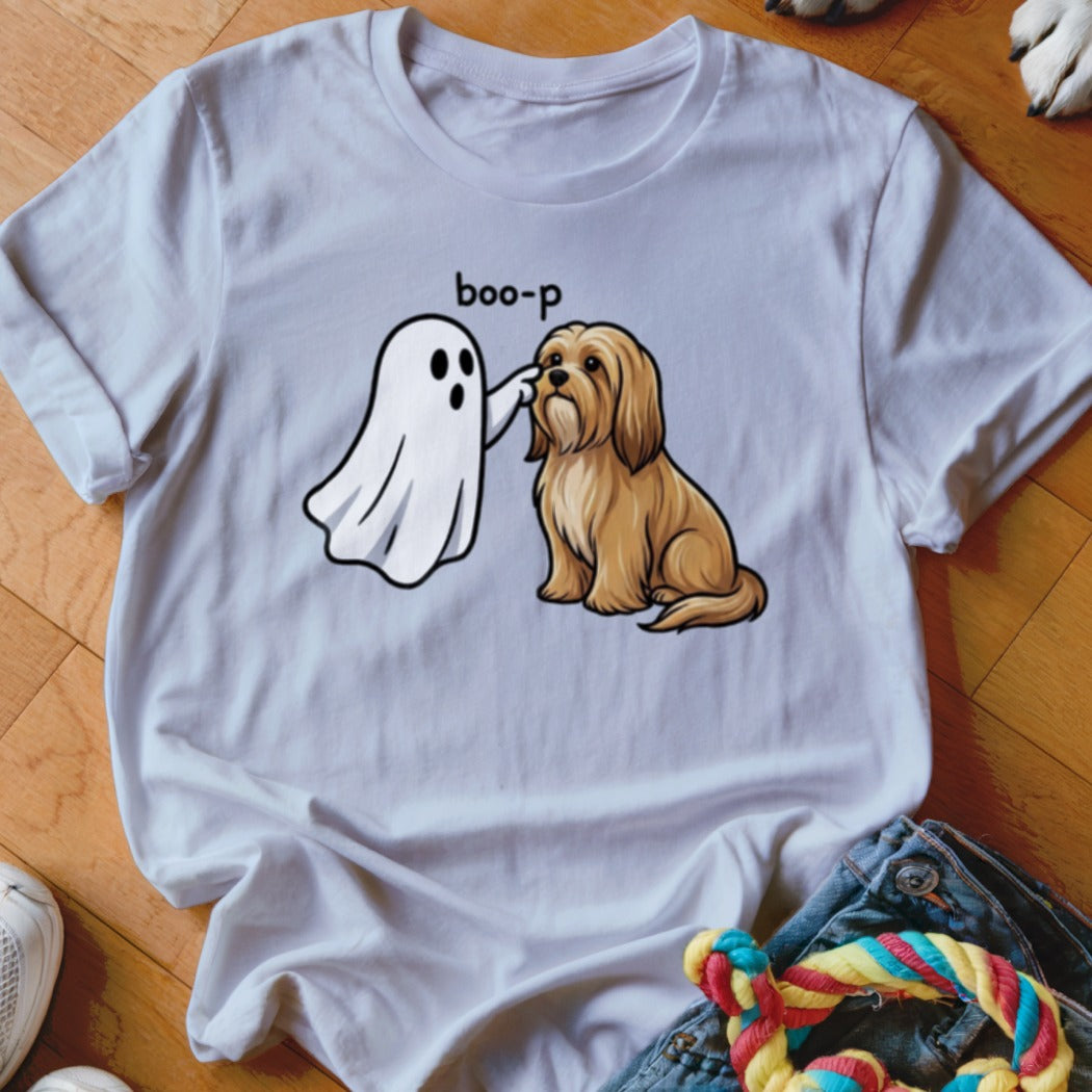 White t-shirt graphic of a ghost booping a fluffy brown dog with the text "boo-p".