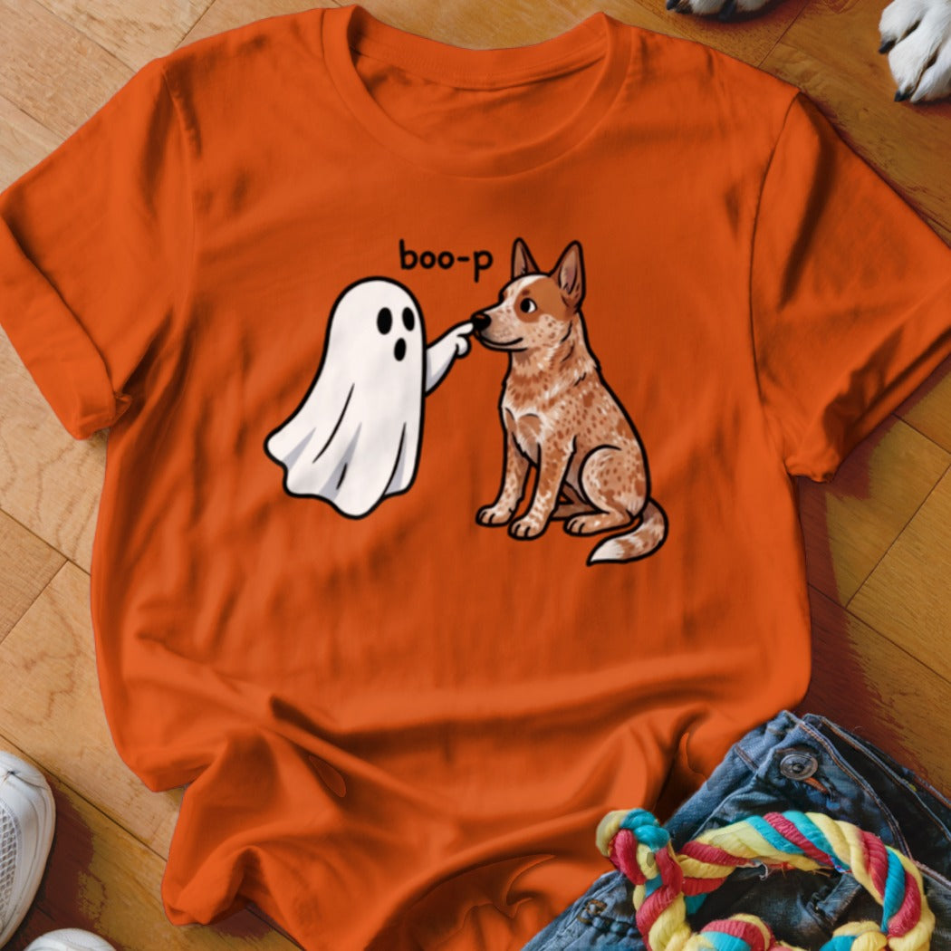 Ghost boops dog with text "boo-p" on an orange t-shirt.