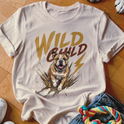 Beige t-shirt featuring a graphic of a running bulldog, mud splatters, and the text WILD CHILD.