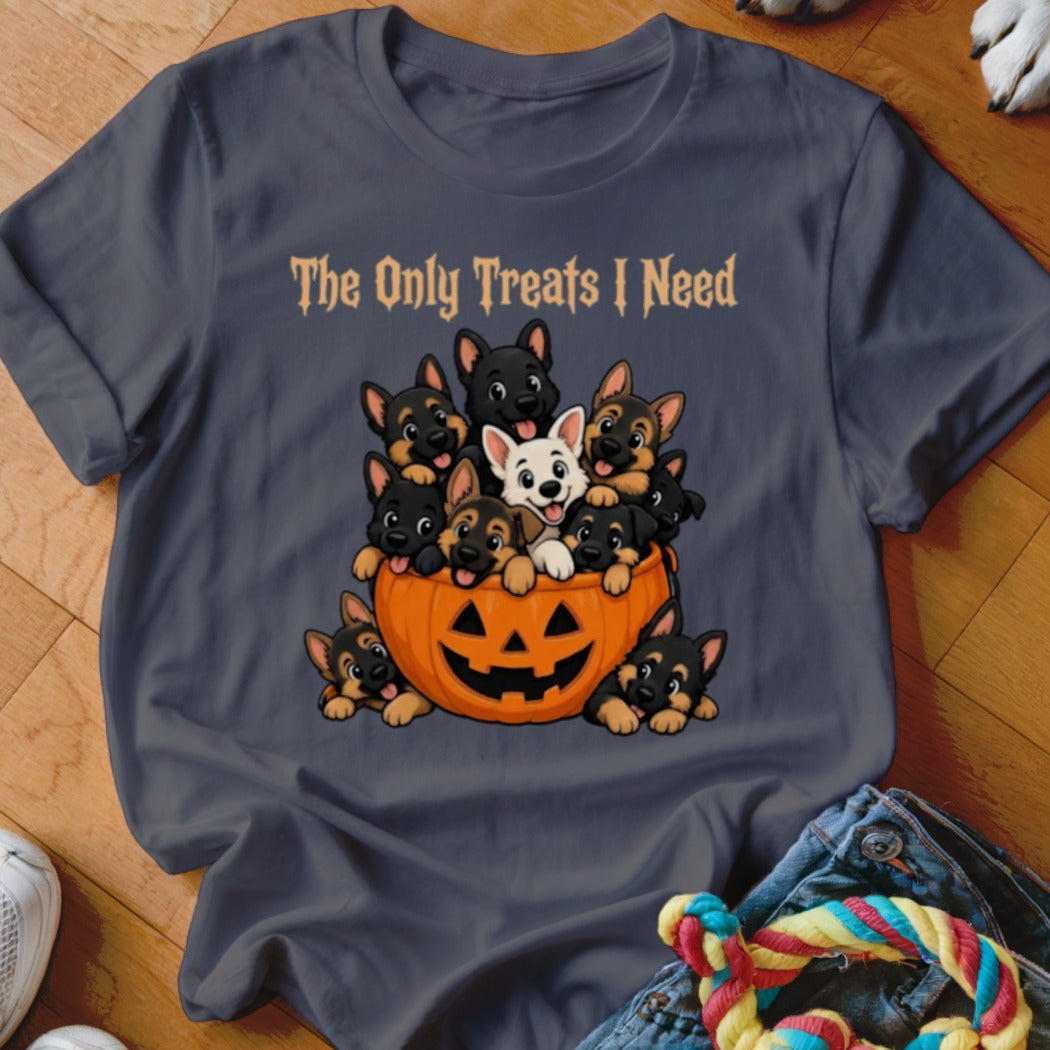German Shepherd puppies spill out of a Halloween pumpkin with text "The Only Treats I Need."
