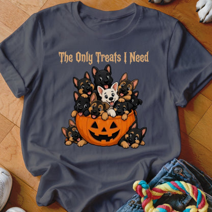 German Shepherd puppies spill out of a Halloween pumpkin with text "The Only Treats I Need."