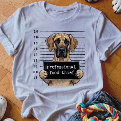 White t-shirt with a dog mugshot graphic that reads "professional food thief".