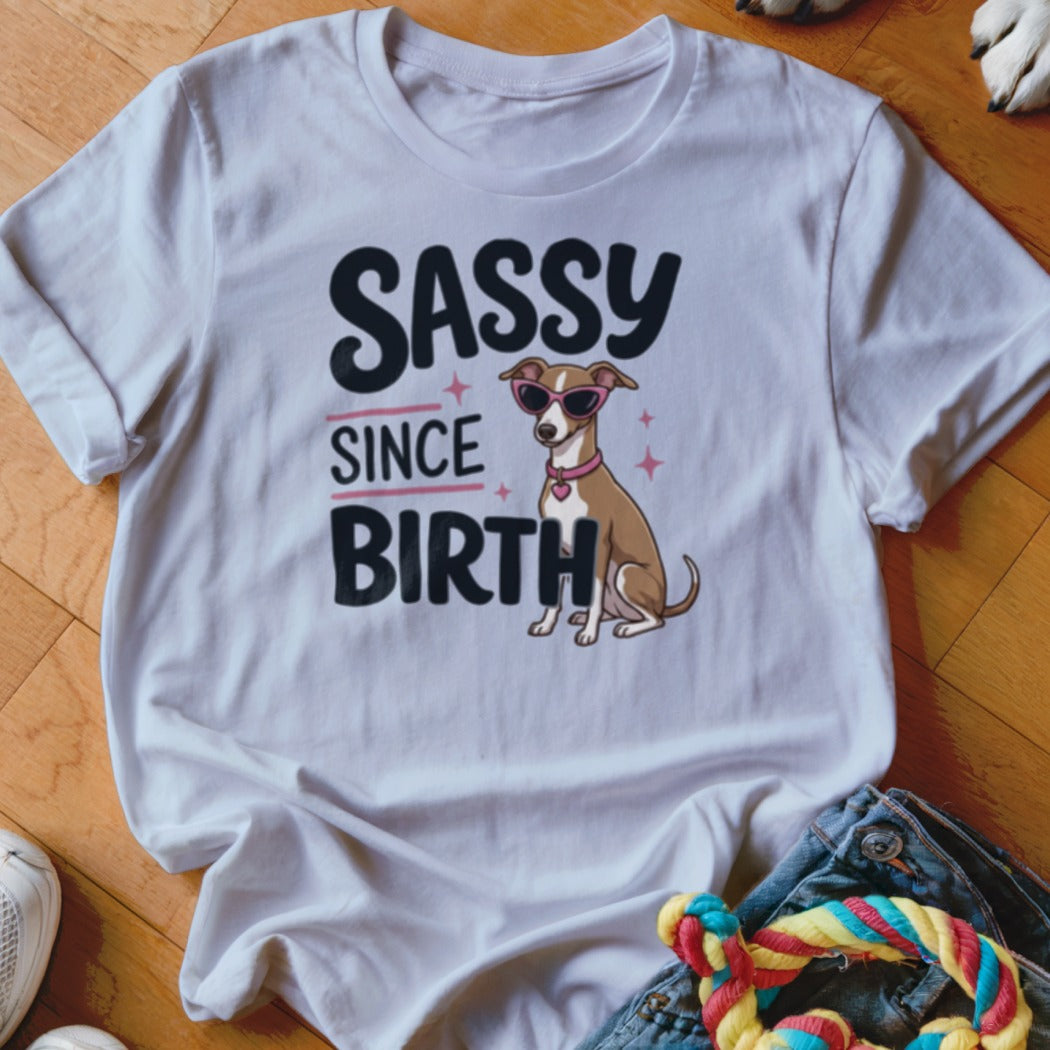 White t-shirt with "SASSY SINCE BIRTH" text and a dog wearing sunglasses.