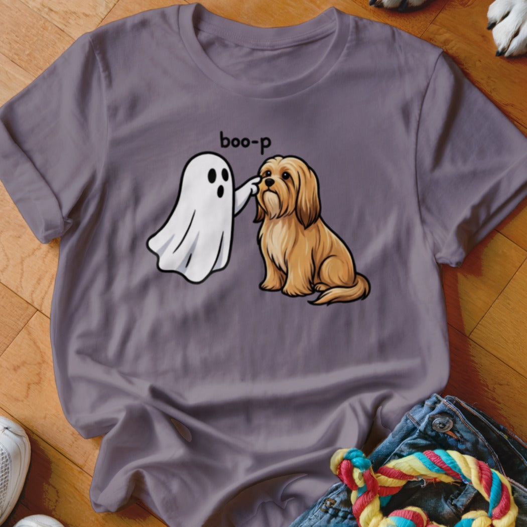 Ghost booping a brown dog with text "boo-p" on a gray t-shirt.