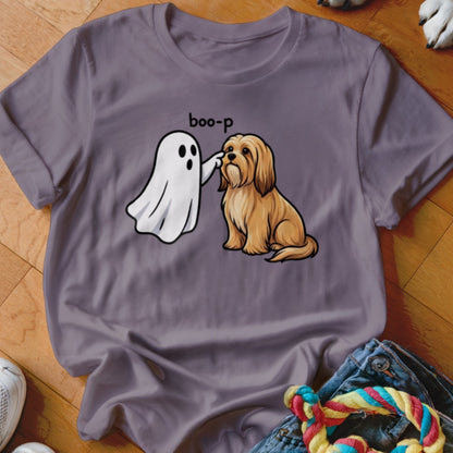 Ghost booping a brown dog with text "boo-p" on a gray t-shirt.