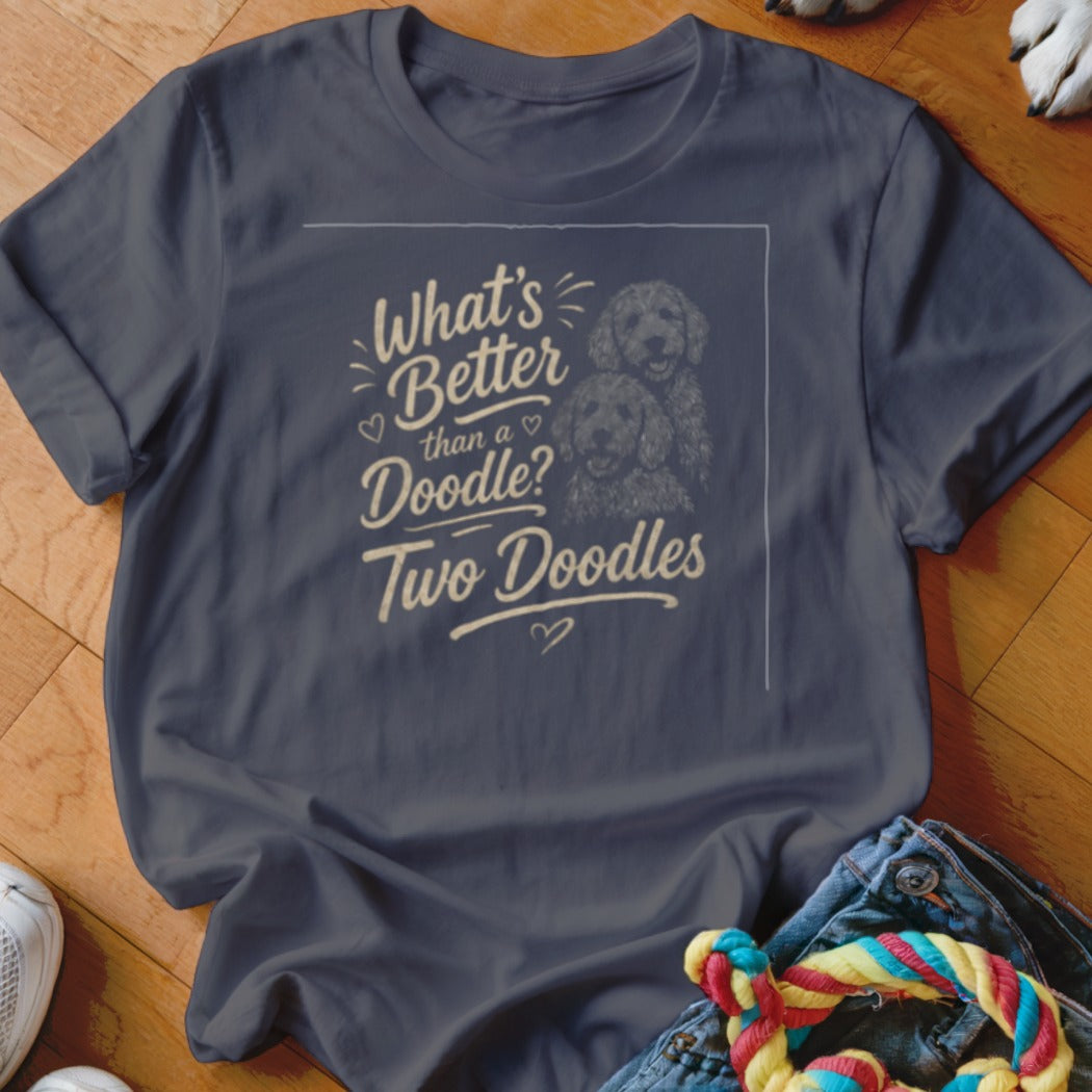 Dark blue t-shirt with "What's Better than a Doodle? Two Doodles" text and two doodle dogs.