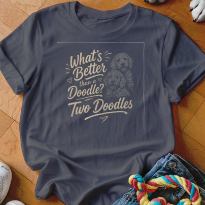 Dark blue t-shirt with "What's Better than a Doodle? Two Doodles" text and two doodle dogs.