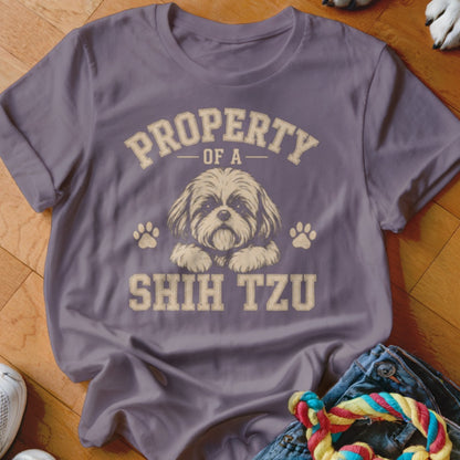 Purple t-shirt with "Property of a Shih Tzu" text and dog graphic.