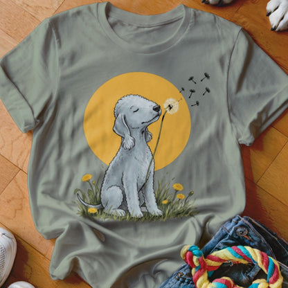 Sage green t-shirt with a graphic of a white poodle sniffing a dandelion against a yellow circle.