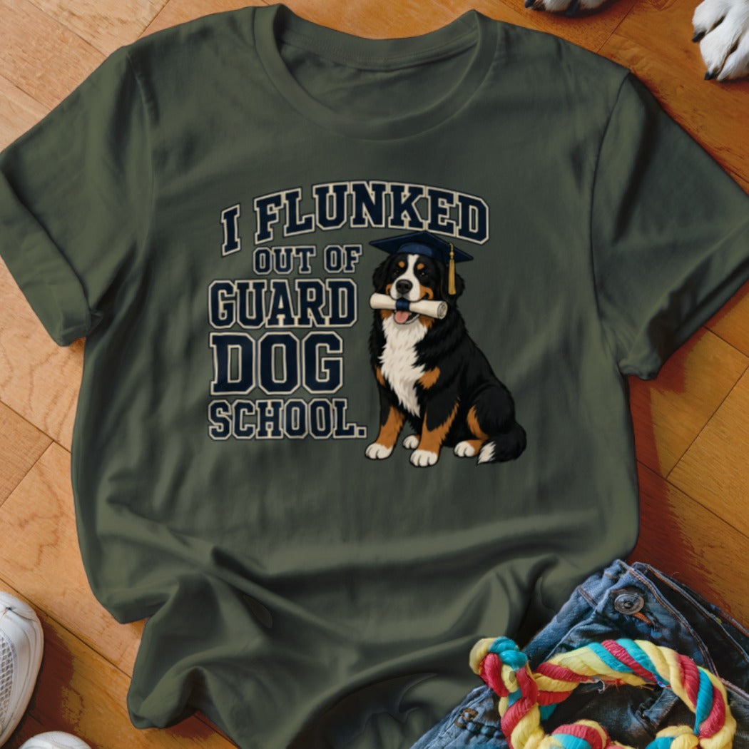 Bernese Mountain Dog in graduation cap holding diploma, text "I flunked out of guard dog school".