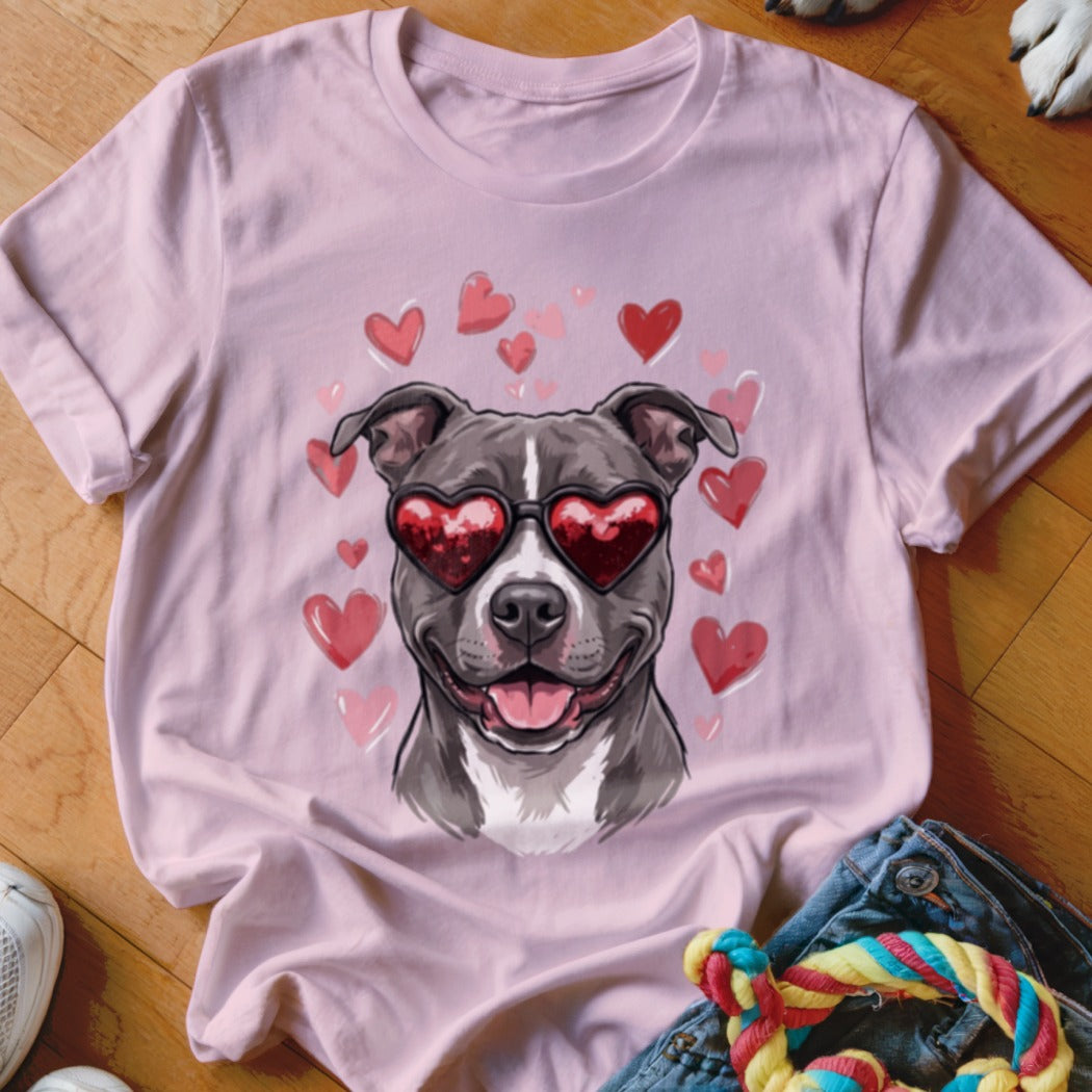 A light pink t-shirt displays an illustration of a gray pit bull wearing heart-shaped sunglasses, surrounded by pink hearts.