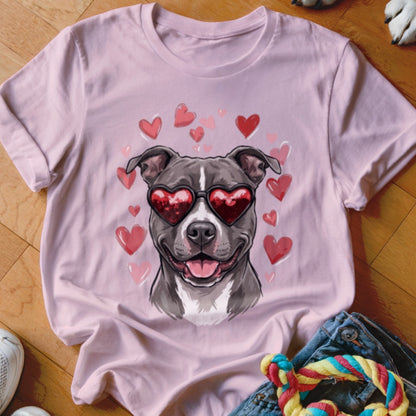 A light pink t-shirt displays an illustration of a gray pit bull wearing heart-shaped sunglasses, surrounded by pink hearts.