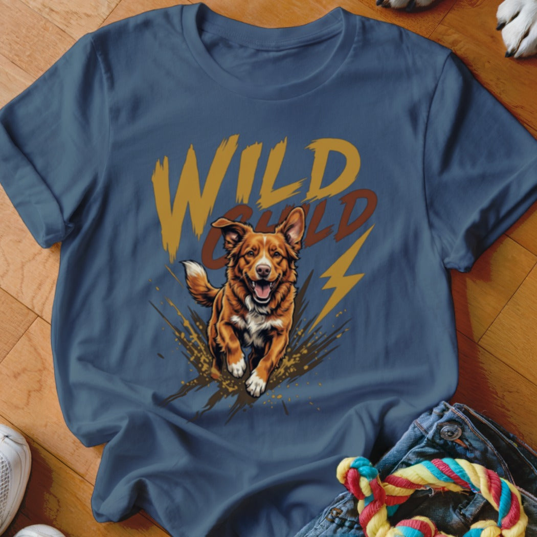 Blue crewneck t-shirt featuring a graphic of a happy brown dog running, with the text WILD CHILD.