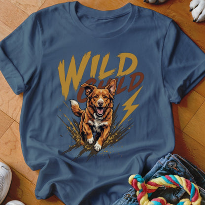 Blue crewneck t-shirt featuring a graphic of a happy brown dog running, with the text WILD CHILD.