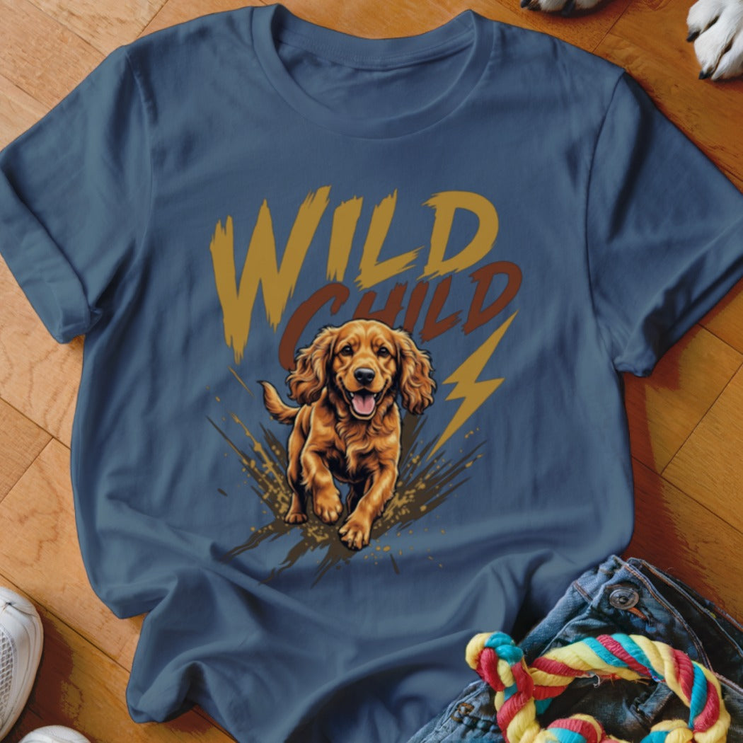 Blue t-shirt featuring a graphic of a happy golden dog running with the text Wild Child.