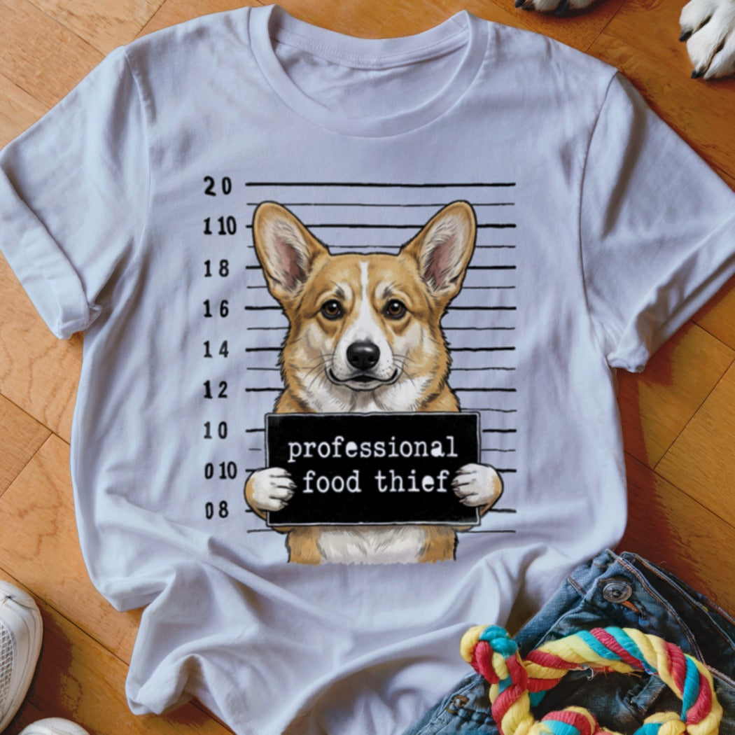 White t-shirt with a corgi in a mugshot holding a "professional food thief" sign.