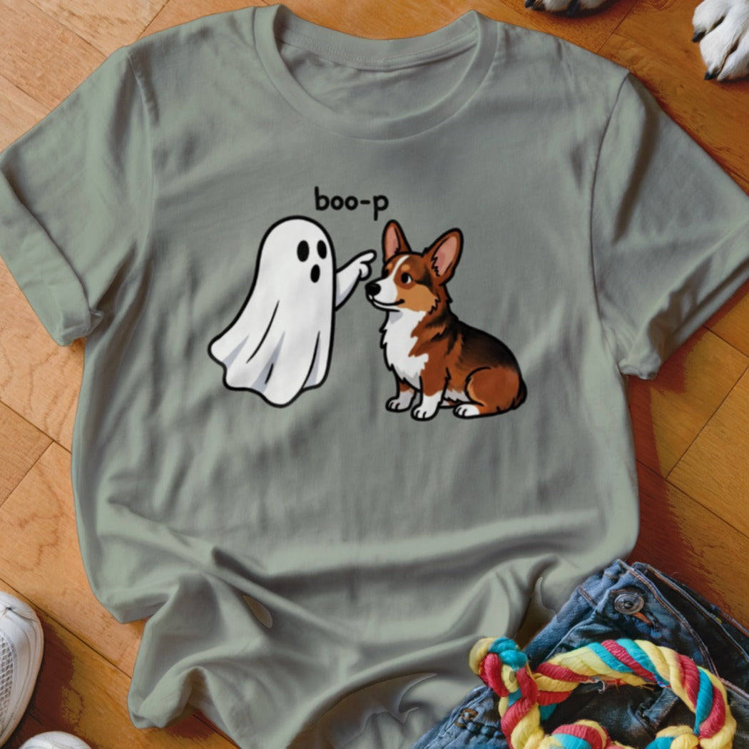 Ghost poking corgi with text "boo-p" on a grey t-shirt.