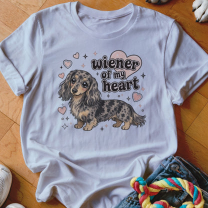 White t-shirt with cartoon dachshund and text "wiener of my heart".