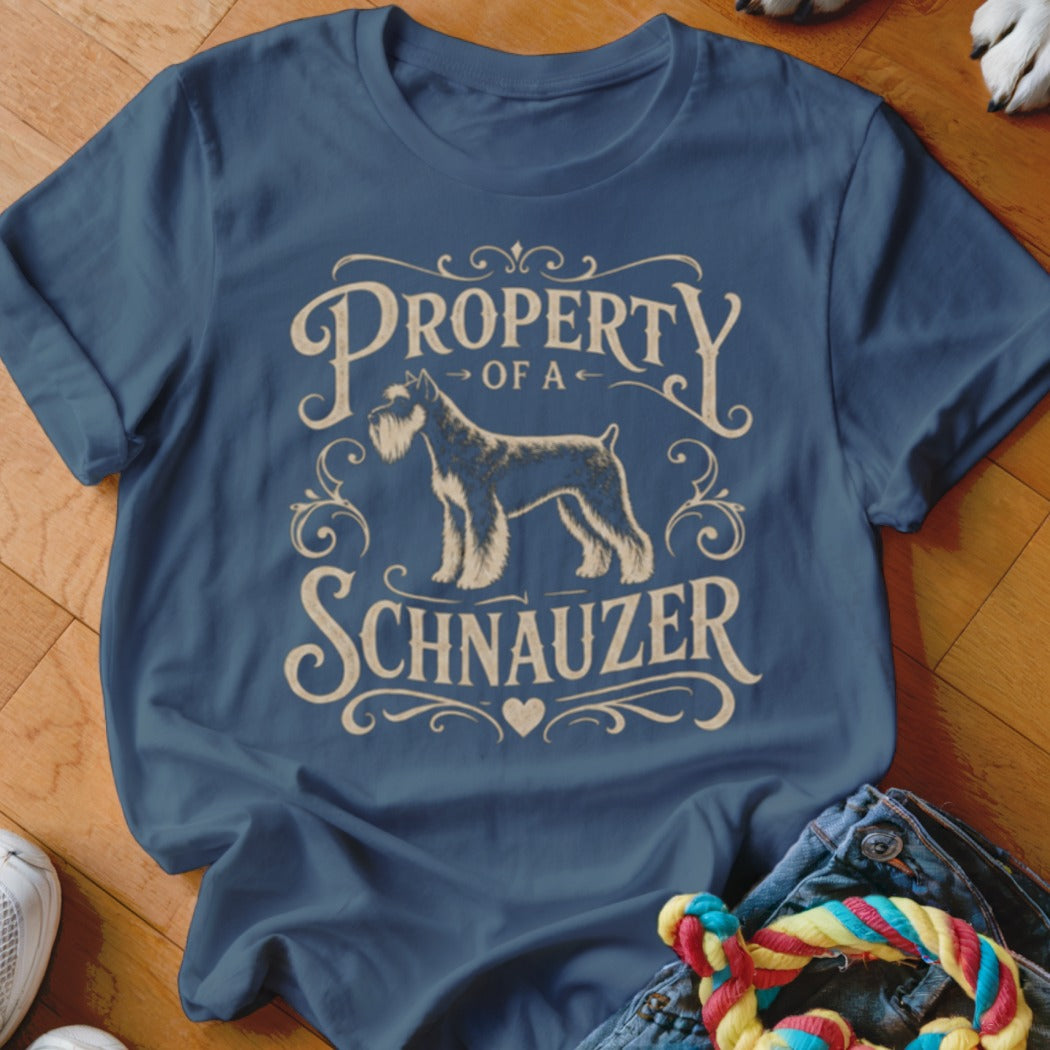 Blue t-shirt with a schnauzer graphic and text "PROPERTY OF A SCHNAUZER".