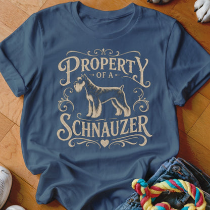 Blue t-shirt with a schnauzer graphic and text "PROPERTY OF A SCHNAUZER".