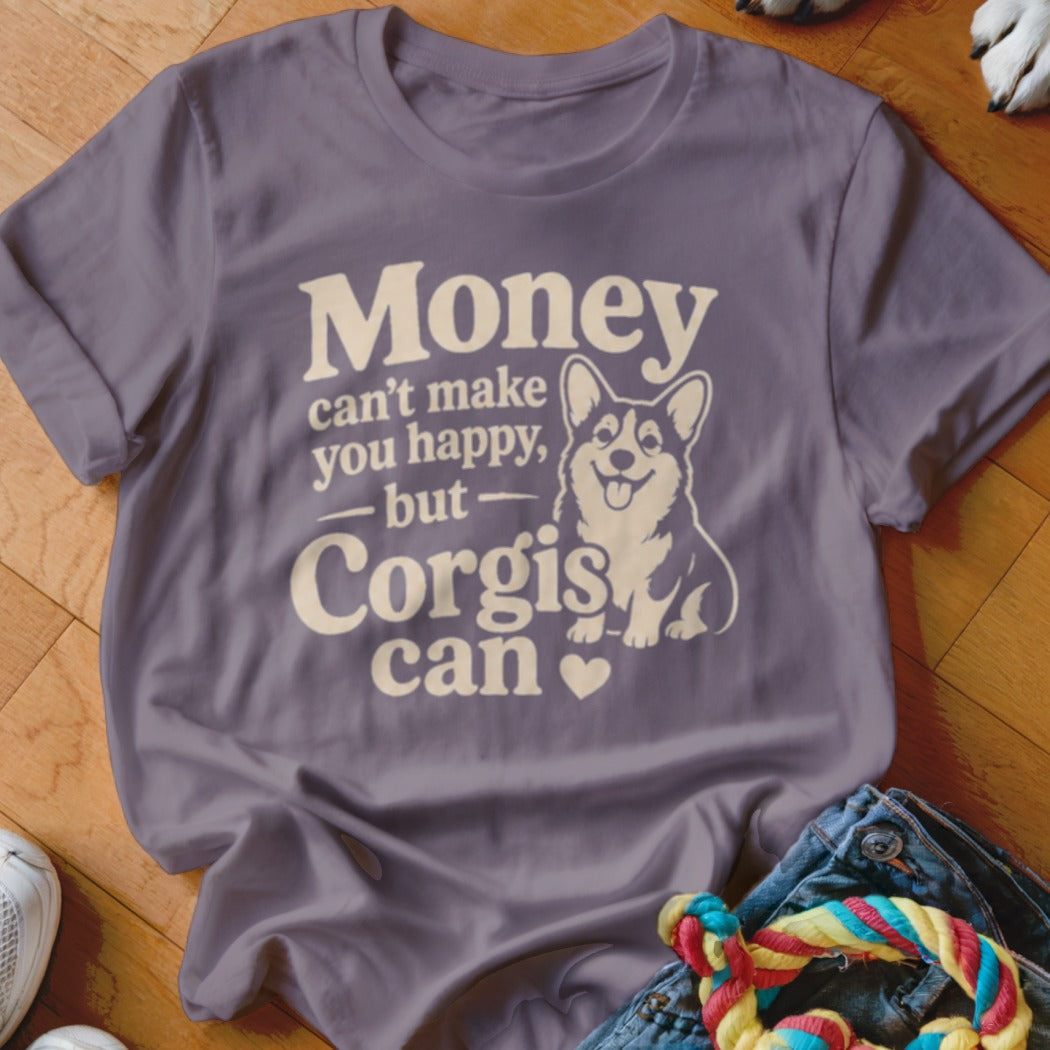 Purple t-shirt with "Money can't make you happy, but Corgis can" and a corgi.