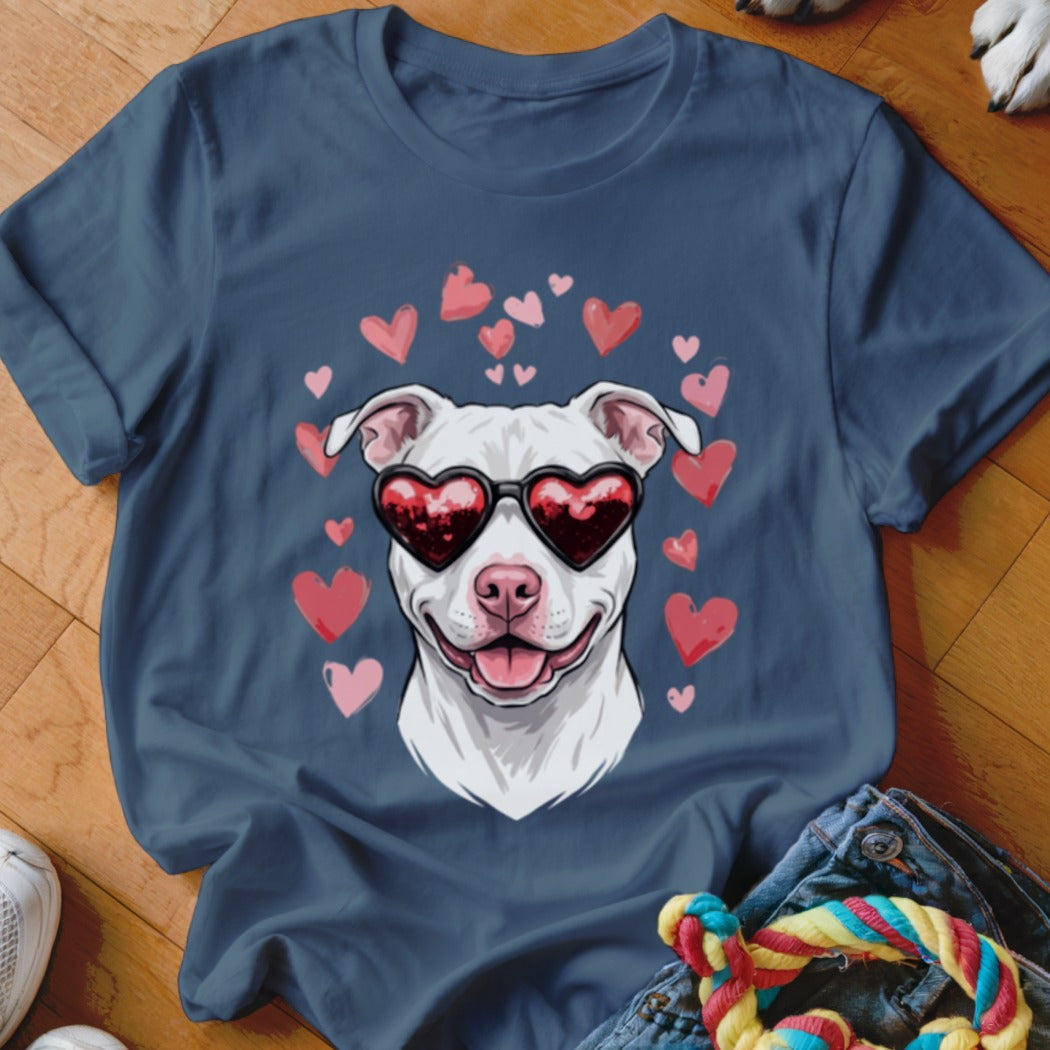 A dark blue t-shirt printed with a white pit bull wearing heart-shaped sunglasses, surrounded by pink hearts.
