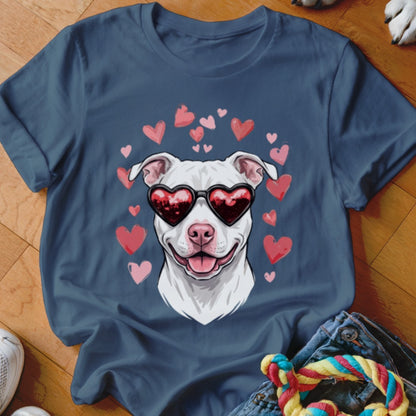 A dark blue t-shirt printed with a white pit bull wearing heart-shaped sunglasses, surrounded by pink hearts.