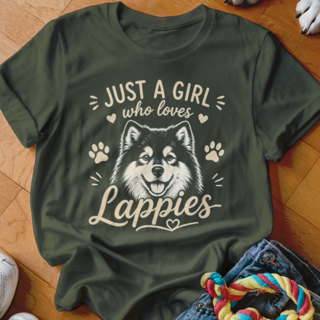 Green t-shirt with "JUST A GIRL who loves Lappies" text and dog illustration.