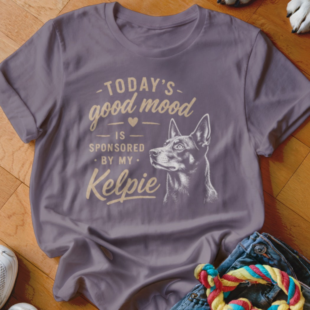 T-shirt with text "Today's good mood is sponsored by my Kelpie" and dog illustration.