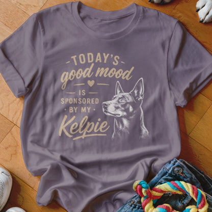 T-shirt with text "Today's good mood is sponsored by my Kelpie" and dog illustration.