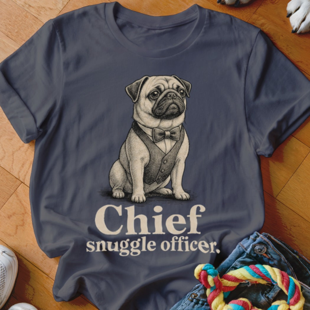 T-shirt with a pug wearing a tuxedo and the text "Chief snuggle officer."